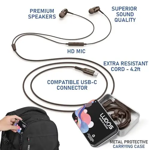 LUDOS OMNITONE USB C iPhone 16 15 Pro Max Plus iPad Pro uchun naushniklar, 5 yillik kafolat, Samsung Galaxy S24 S23 Ultra S22 S21 S20 A55 A54 A53 uchun USB-C quloqchinlar, USB Type C quloqchinlari - Jigarrang - LUDOS (1)