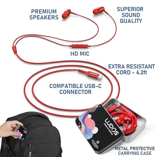 LUDOS OMNITONE USB C iPhone 16 15 Pro Max Plus iPad Pro uchun quloqchinlar, 5 yil kafolat, Samsung Galaxy S24 S23 Ultra S22 S21 S20 A55 A54 A53 uchun USB-C quloqchinlar, USB Type C quloqchinlar - Qizil - 2