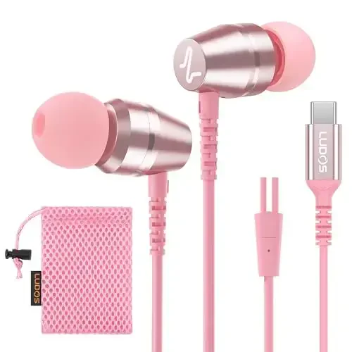LUDOS OMNITONE USB C Headphones for iPhone 17 16 15 Pro Max Plus Air iPad Pro, 5 Years Warranty, USB-C Earbuds for Samsung Galaxy S24 S23 Ultra S22 S21 FE S20 Z Flip 3, USB Type C Earphones - Pink - LUDOS