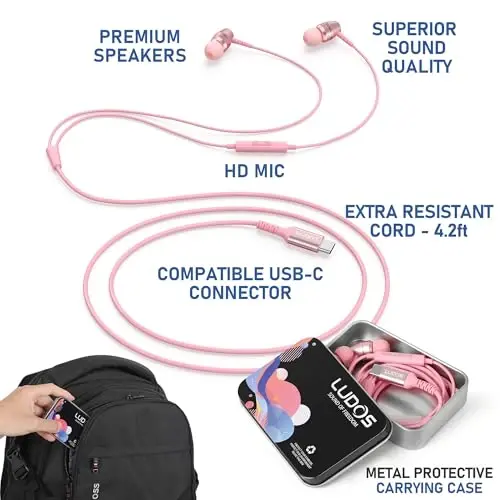 LUDOS OMNITONE USB C iPhone 17 16 15 Pro Max Plus Air iPad Pro uchun naushniklar, 5 yillik kafolat, Samsung Galaxy S24 S23 Ultra S22 S21 FE S20 Z Flip 3 uchun USB-C quloqchinlar, USB Type C Earphones - Pink - 3