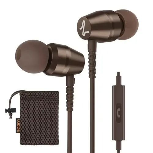 LUDOS OMNITONE Wired Earbuds in-Ear Headphones, 5 Year Warranty, Earphones with Microphone, 3.5 mm Jack Corded Ear Buds, Videoconference for iPhone, Samsung, Laptop, Kids, School Students - Brown - LUDOS