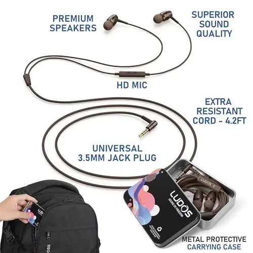 LUDOS OMNITONE Wired Earbuds in-Ear Headphones, 5 Year Warranty, Earphones with Microphone, 3.5 mm Jack Corded Ear Buds, Videoconference for iPhone, Samsung, Laptop, Kids, School Students - Brown - 2