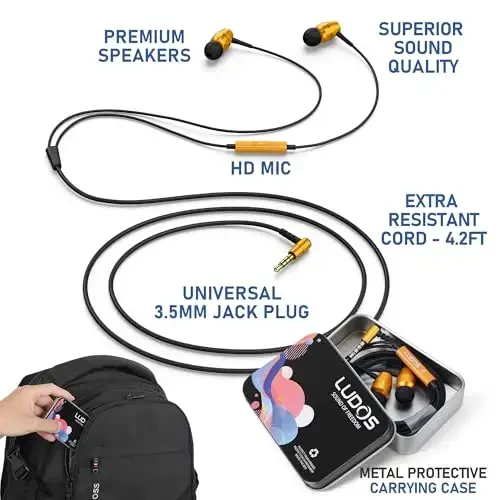 LUDOS OMNITONE Wired Earbuds in-Ear Headphones, 5 Year Warranty, Earphones with Microphone, 3.5 mm Jack Corded Ear Buds, Videoconference for iPhone, Samsung, Laptop, Kids, School Students - Gold - LUDOS (1)