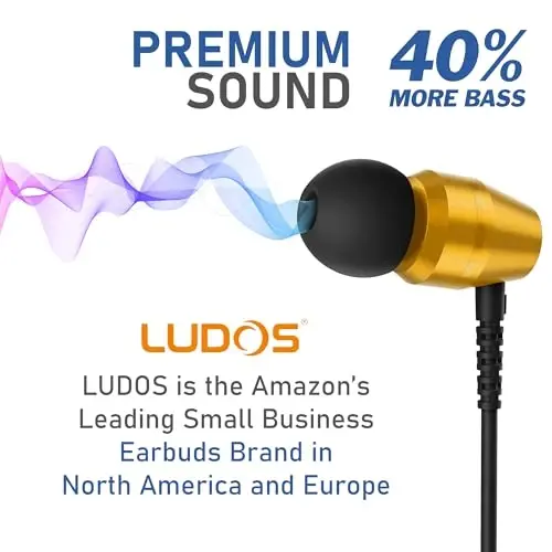 LUDOS OMNITONE Wired Earbuds in-Ear Headphones, 5 Year Warranty, Earphones with Microphone, 3.5 mm Jack Corded Ear Buds, Videoconference for iPhone, Samsung, Laptop, Kids, School Students - Gold - 7