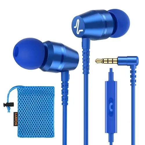 LUDOS OMNITONE Wired Earbuds in-Ear Headphones, 5 Years Warranty, Earphones with Microphone, 3.5 mm Jack Corded Ear Buds, Videoconference for iPhone, Samsung, Laptop, Kids, School Students - Blue 