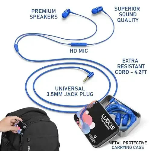 LUDOS OMNITONE Wired Earbuds in-Ear Headphones, 5 Years Warranty, Earphones with Microphone, 3.5 mm Jack Corded Ear Buds, Videoconference for iPhone, Samsung, Laptop, Kids, School Students - Blue - 2
