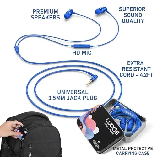 LUDOS OMNITONE Wired Earbuds in-Ear Headphones, 5 Years Warranty, Earphones with Microphone, 3.5 mm Jack Corded Ear Buds, Videoconference for iPhone, Samsung, Laptop, Kids, School Students - Blue - 2