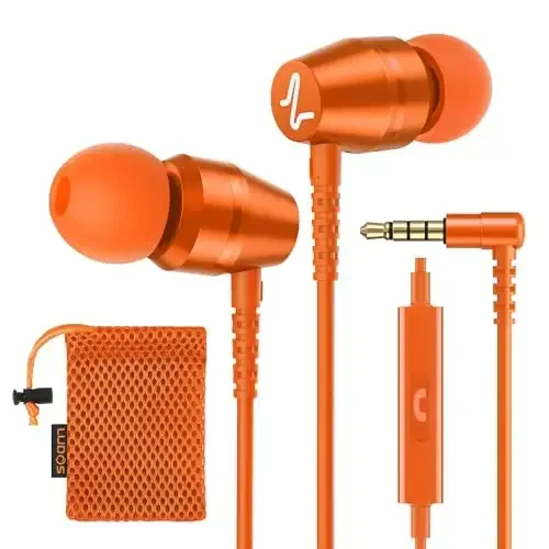 LUDOS OMNITONE Wired Earbuds in-Ear Headphones, 5 Years Warranty, Earphones with Microphone, 3.5 mm Jack Corded Ear Buds, Videoconference for iPhone, Samsung, Laptop, Kids, School Students - Orange - 1