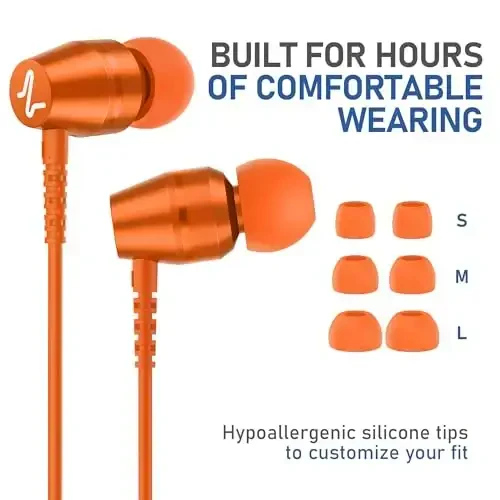 LUDOS OMNITONE Wired Earbuds in-Ear Headphones, 5 Years Warranty, Earphones with Microphone, 3.5 mm Jack Corded Ear Buds, Videoconference for iPhone, Samsung, Laptop, Kids, School Students - Orange - 6