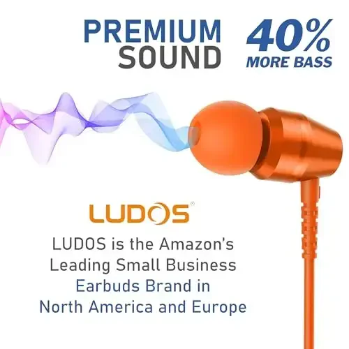 LUDOS OMNITONE Wired Earbuds in-Ear Headphones, 5 Years Warranty, Earphones with Microphone, 3.5 mm Jack Corded Ear Buds, Videoconference for iPhone, Samsung, Laptop, Kids, School Students - Orange - 7