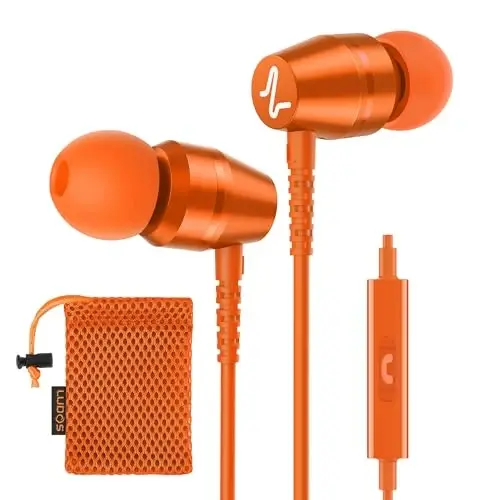 LUDOS OMNITONE Wired Earbuds in-Ear Headphones, 5 Years Warranty, Earphones with Microphone, 3.5 mm Jack Corded Ear Buds, Videoconference for iPhone, Samsung, Laptop, Kids, School Students - Orange - LUDOS