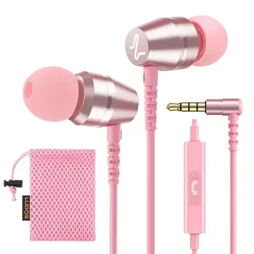 LUDOS OMNITONE Wired Earbuds in-Ear Headphones, 5 Years Warranty, Earphones with Microphone, 3.5 mm Jack Corded Ear Buds, Videoconference for iPhone, Samsung, Laptop, Kids, School Students - Pink - LUDOS