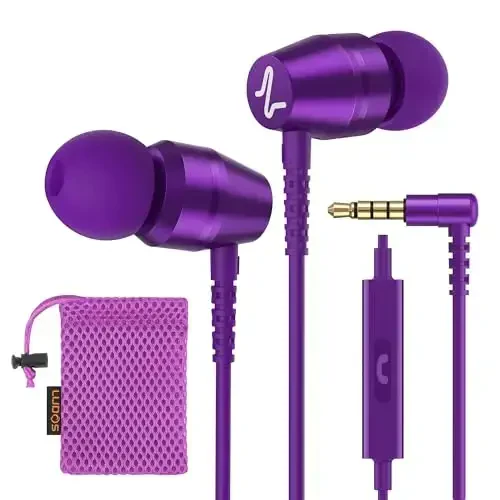 LUDOS OMNITONE Wired Earbuds in-Ear Headphones, 5 Years Warranty, Earphones with Microphone, 3.5 mm Jack Corded Ear Buds, Videoconference for iPhone, Samsung, Laptop, Kids, School Students - Purple - LUDOS