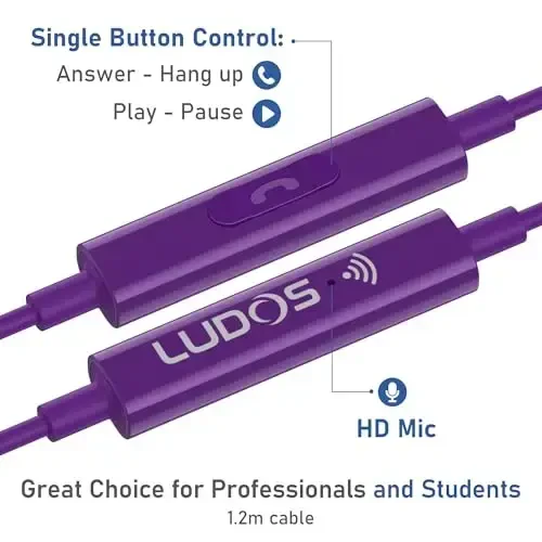 LUDOS OMNITONE Wired Earbuds in-Ear Headphones, 5 Years Warranty, Earphones with Microphone, 3.5 mm Jack Corded Ear Buds, Videoconference for iPhone, Samsung, Laptop, Kids, School Students - Purple - 3