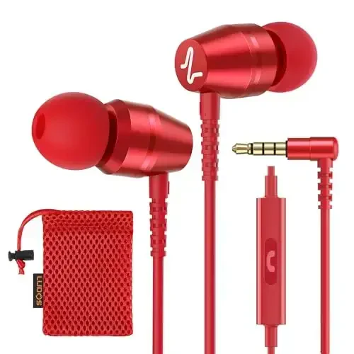 LUDOS OMNITONE Wired Earbuds in-Ear Headphones, 5 Years Warranty, Earphones with Microphone, 3.5 mm Jack Corded Ear Buds, Videoconference for iPhone, Samsung, Laptop, Kids, School Students - Red - LUDOS