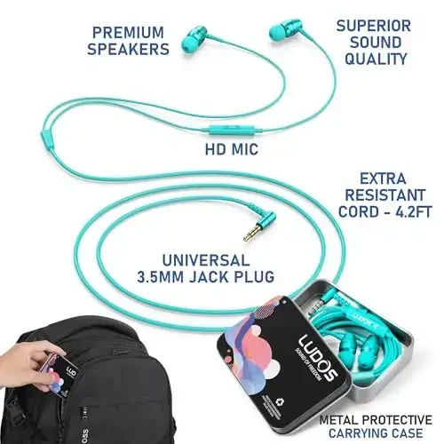 LUDOS OMNITONE Wired Earbuds in-Ear Headphones, 5 Years Warranty, Earphones with Microphone, 3.5 mm Jack Corded Ear Buds, Videoconference for iPhone, Samsung, Laptop, Kids, School Students - Turquoise - LUDOS (1)