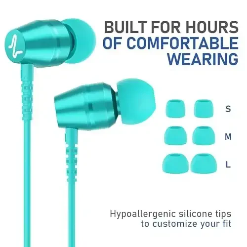 LUDOS OMNITONE Wired Earbuds in-Ear Headphones, 5 Years Warranty, Earphones with Microphone, 3.5 mm Jack Corded Ear Buds, Videoconference for iPhone, Samsung, Laptop, Kids, School Students - Turquoise - 6