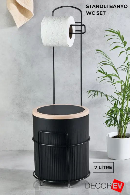 Lüks Banyo Mutfak Çöp Kovası Metal Standlı Tuvalet Wc Kağıtlık Seti-Siyah - 1