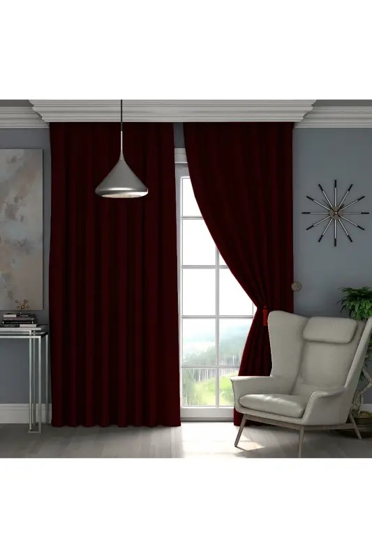 Lüks, Bordo Kırmızısı Blackout Kalın Karartma Güneşlik Perde (EN X BOY PİLESİZ TEK KANAT)-Bordo - 3