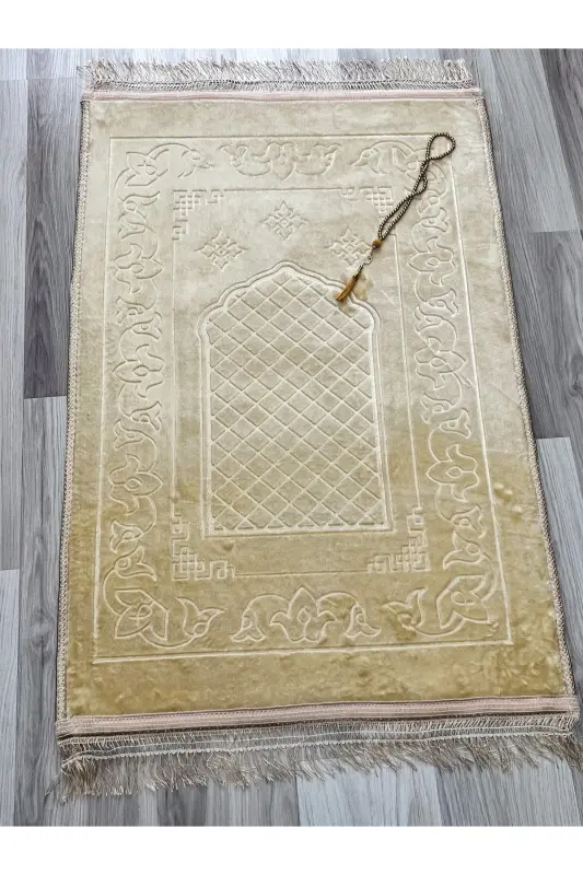 Lüks Kalın Yumuşak Peluş Kaymaz Taban Özellikli Hediyelik Çeyizlik Seccade Tesbih-Kahverengi - 3