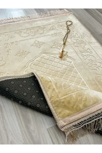 Lüks Kalın Yumuşak Peluş Kaymaz Taban Özellikli Hediyelik Çeyizlik Seccade Tesbih-Kahverengi - AYHANHOME (1)