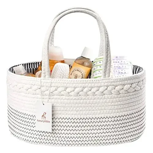 luxury little Diaper Caddy Organizer, Large Cotton Rope Nursery Baby Basket, Changing Table Organizer for Baby Diaper Storage, Portable Car Organizer with Removable Divider, Baby Shower Gifts - White 