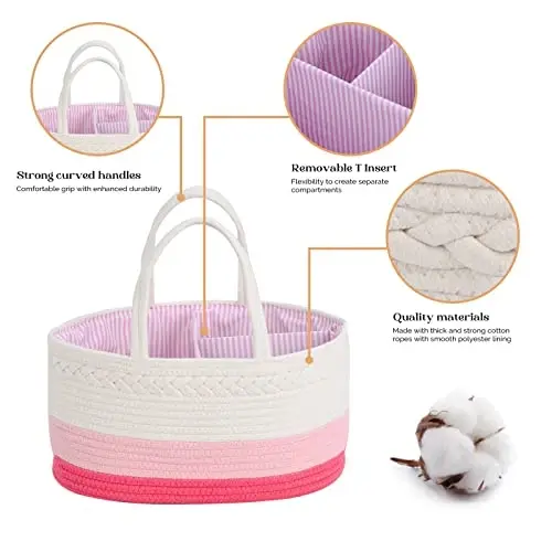 luxury little Diaper Caddy Organizer, Large Cotton Rope Nursery Baby Basket, Changing Table Organizer for Baby Diaper Storage, Portable Car Organizer Removable Divider (Pink, Large) - 4
