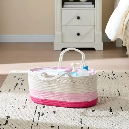 luxury little Diaper Caddy Organizer, Large Cotton Rope Nursery Baby Basket, Changing Table Organizer for Baby Diaper Storage, Portable Car Organizer Removable Divider (Pink, Large) - 5