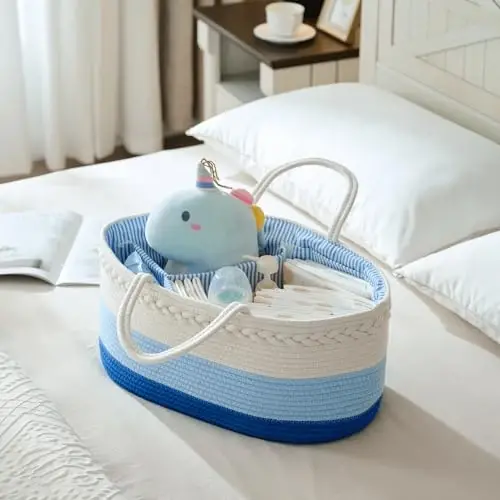 Luxury little Diaper Caddy Organizer, Large Cotton Rope Nursery Basket, Changing Table Organizer for Baby Diaper Storage, Portable Car Organizer with Removable Divider, Baby Shower Gifts - Blue - LUXURY (1)