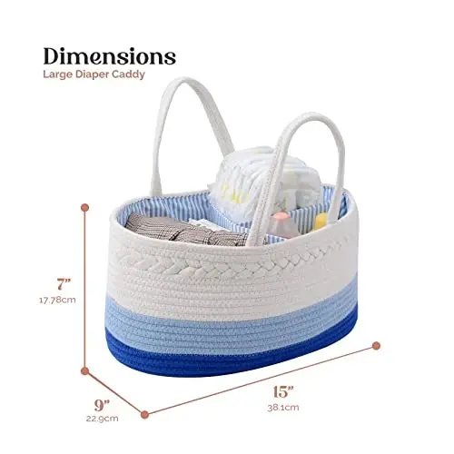 luxury little Diaper Caddy Organizer, Large Cotton Rope Nursery Baby Basket, Changing Table Organizer for Baby Diaper Storage, Portable Car Organizer Removable Divider (Blue, Large) - 3