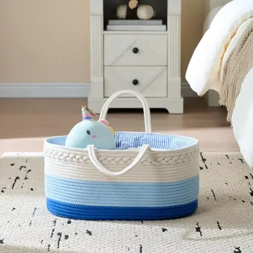 luxury little Diaper Caddy Organizer, Large Cotton Rope Nursery Baby Basket, Changing Table Organizer for Baby Diaper Storage, Portable Car Organizer Removable Divider (Blue, Large) - 4