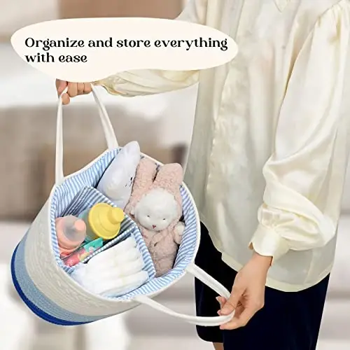 luxury little Diaper Caddy Organizer, Large Cotton Rope Nursery Baby Basket, Changing Table Organizer for Baby Diaper Storage, Portable Car Organizer Removable Divider (Blue, Large) - 6