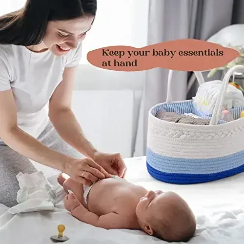 luxury little Diaper Caddy Organizer, Large Cotton Rope Nursery Basket, Changing Table Organizer for Baby Diaper Storage, Portable Car Organizer with Removable Divider, Baby Shower Gifts - Blue - 7