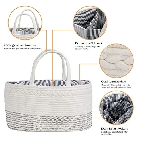 luxury little Diaper Caddy Organizer, Large Cotton Rope Nursery Baby Basket, Changing Table Organizer for Baby Diaper Storage, Portable Car Organizer Removable Divider (Off White, Extra Large) - 5
