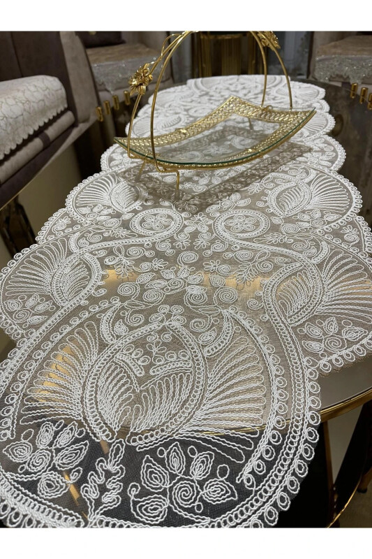 Lüks Runner Salon Oda Sehpa Masa Örtüsü Fransız Güpürlü Çeyizlik(BEYAZ)1 adet Yeni Runner (133X45CM)-BEYAZ - 1