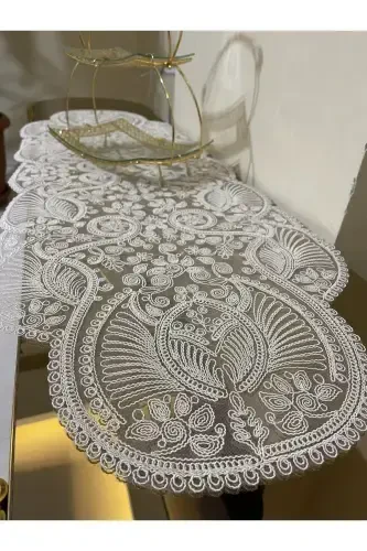Lüks Runner Salon Oda Sehpa Masa Örtüsü Fransız Güpürlü Çeyizlik(BEYAZ)1 adet Yeni Runner (133X45CM)-BEYAZ - TEKSTILSA (1)