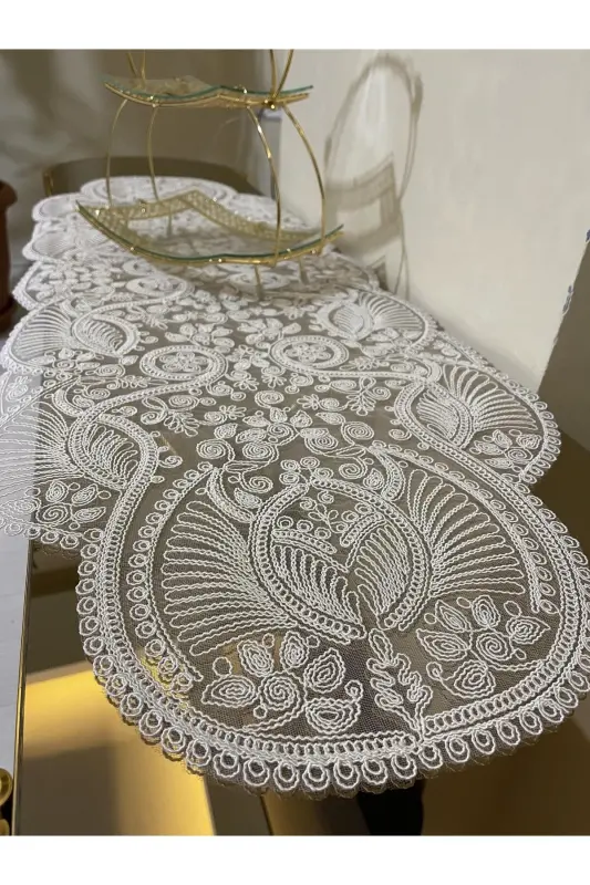 Lüks Runner Salon Oda Sehpa Masa Örtüsü Fransız Güpürlü Çeyizlik(BEYAZ)1 adet Yeni Runner (133X45CM)-BEYAZ - 2