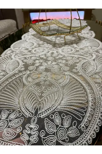 Lüks Runner Salon Oda Sehpa Masa Örtüsü Fransız Güpürlü Çeyizlik(BEYAZ)1 adet Yeni Runner (133X45CM)-BEYAZ - 5