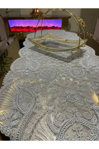 Lüks Runner Salon Oda Sehpa Masa Örtüsü Fransız Güpürlü Çeyizlik(GRİ) 1 adet Yeni Runner (133X45CM)-GRİ - Modazone (1)
