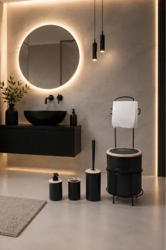 Lüks Siyah 6lı I Banyo Seti Metal Standlı Tuvalet Wc Kağıtlık Şık Tasarım - Siyah - DECOREV (1)
