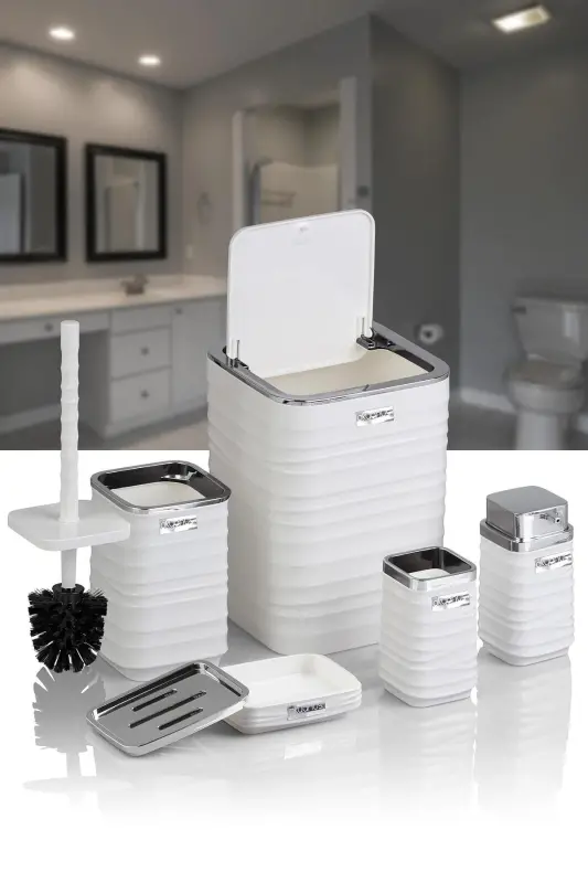 Luna Beyaz Kromlu Kare 5'li Banyo Seti-Beyaz - 5