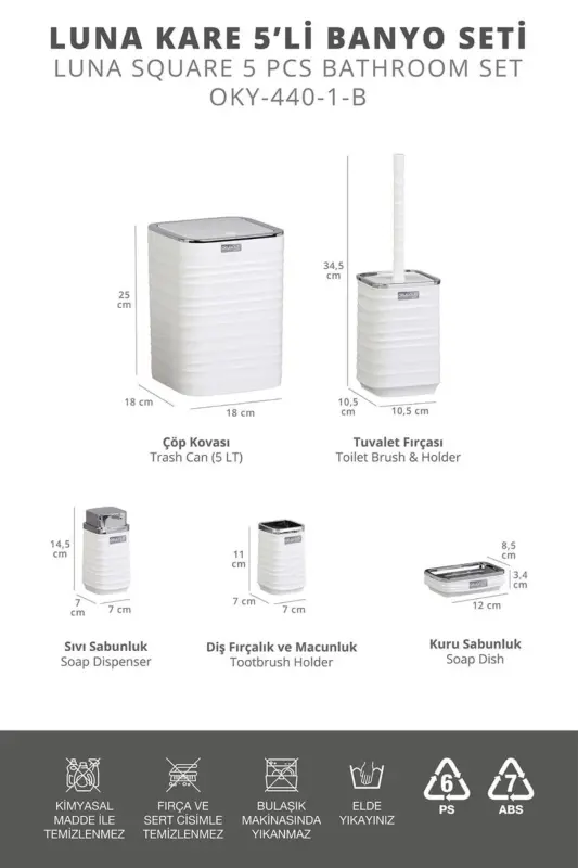 Luna Oq Xromli Kvadrat 5 talik Vanna To'plami - Oq - Xrom - 6