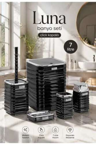 Luna Siyah Kromlu Kare 5'li Banyo Seti - 7 Litre - Siyah - Krom 