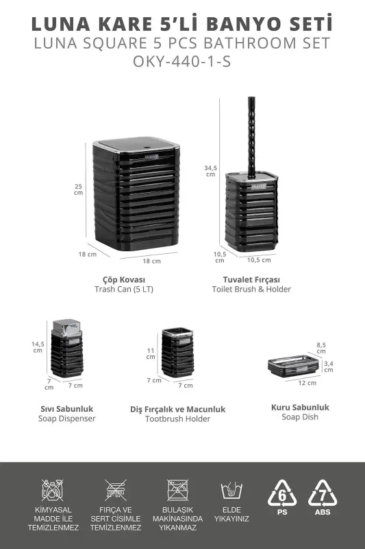 Luna Siyah Kromlu Kare 5'li Banyo Seti-Siyah - 5