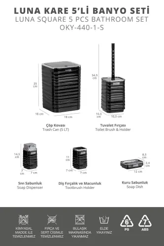 Luna Siyah Kromlu Kare 5'li Banyo Seti-Siyah - 5