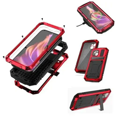 Lunivop iPhone 15 Case 6.1inch uchun mos keladi Og'ir yuk Rugged [Alyuminiy Stan] Harbiy sinf Metall rezina [Ekran himoyachisi Kamera linzalari o'rnatilgan] Telefon qopqog'i (, iPhone 15 6.1'' 2023 uchun mos) Qizil 