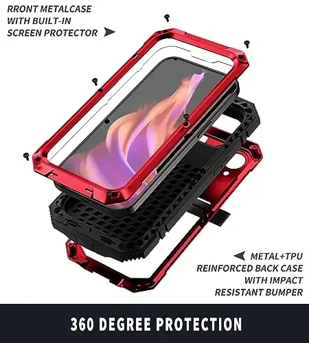 Lunivop iPhone 15 Case 6.1inch uchun mos keladi Og'ir yuk Rugged [Alyuminiy Stan] Harbiy sinf Metall rezina [Ekran himoyachisi Kamera linzalari o'rnatilgan] Telefon qopqog'i (, iPhone 15 6.1'' 2023 uchun mos) Qizil - 4