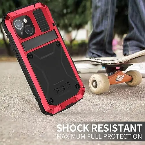 Lunivop iPhone 15 Case 6.1inch uchun mos keladi Og'ir yuk Rugged [Alyuminiy Stan] Harbiy sinf Metall rezina [Ekran himoyachisi Kamera linzalari o'rnatilgan] Telefon qopqog'i (, iPhone 15 6.1'' 2023 uchun mos) Qizil - 6