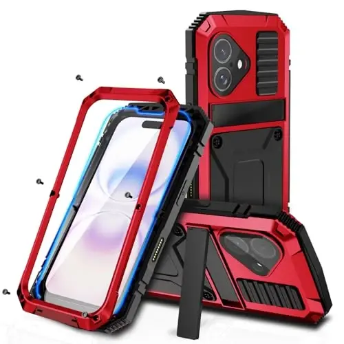 Lunivop iPhone 17 Kılıfı ile Uyumlu 6.3 inç Ağır Hizmet Tipi [Alüminyum Standlı] Askeri Sınıf Metal Kauçuk [Dahili Ekran Koruyuculu Kamera Lensli] Telefon Kılıfı (, iPhone 17 6.3'' 2025 ile uyumlu) Kırmızı 