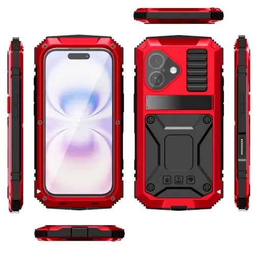 Lunivop iPhone 17 uchun g'ilof 6.3 dyuymli og'ir yukga chidamli [Alyuminiy stend] Harbiy darajadagi metall kauchuk [O'rnatilgan ekran himoyachisi kamera linzasi] Telefon qopqog'i (, iPhone 17 6.3'' 2025 uchun mos) Qizil - 6